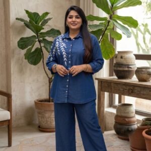 premium plus size denim co ord set for women | chic denim embroidery