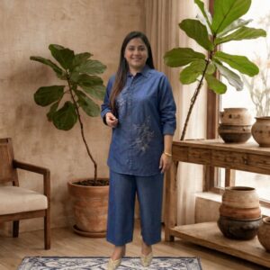 embroidered denim co ord set | plus size