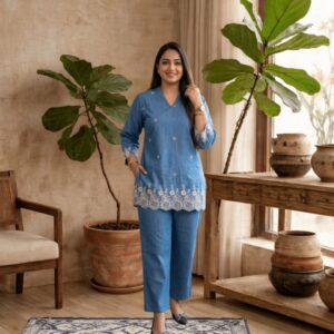 embroidered denim co ord set